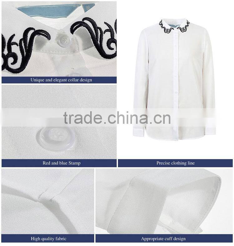 2015 Sweet Ladies White Chiffon Embroidery Women Shirts Design