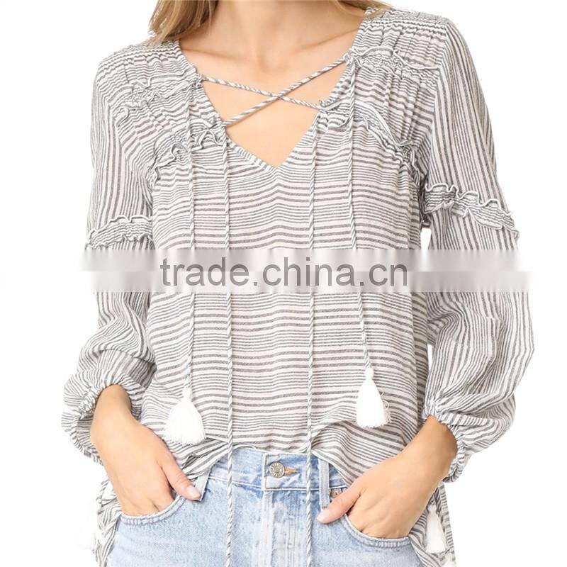 2017 OEM Femme Striped Gauze Tassel Girdle Holiday Blouses