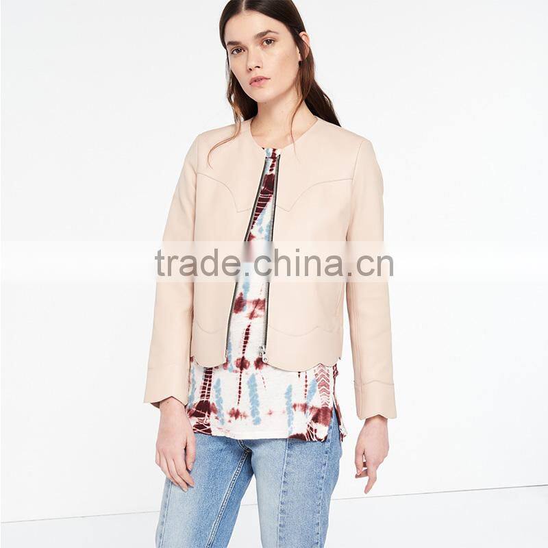 2017 newest simple style round neck wavy hem short leather jacket women