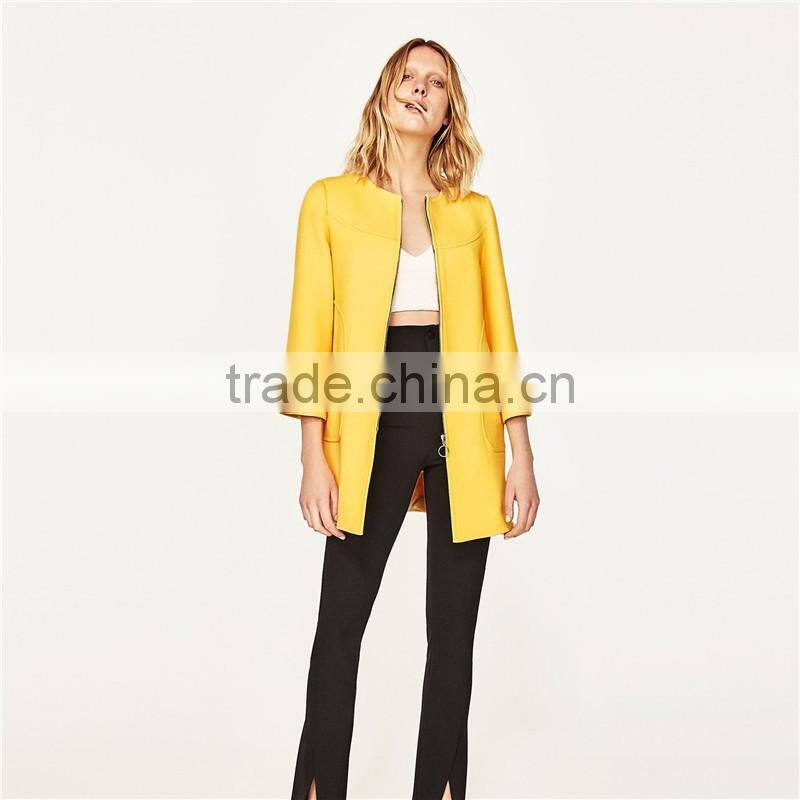 2017 OEM New Style Elegant Thin Pure Color Yellow Spring Autumn Long Coat