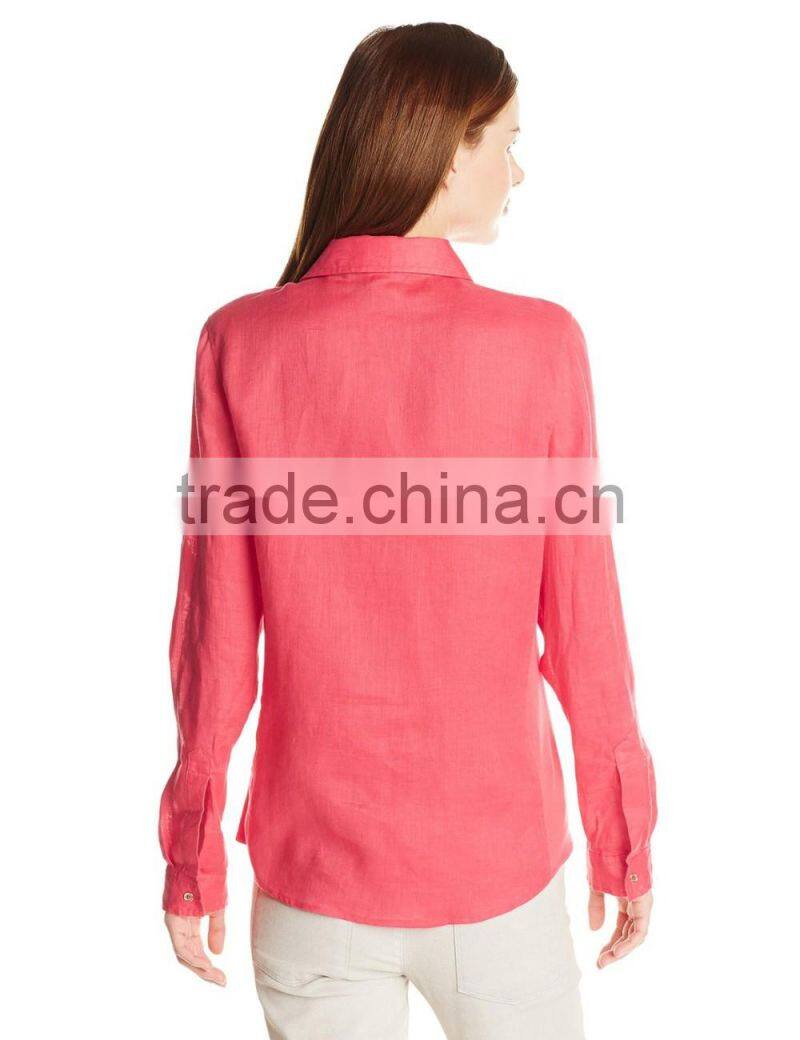 red Roll-Sleeve Top button tab two pocket flaps work shirt