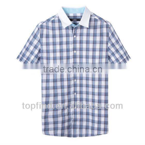 fashion blue plaids cotton shorts sleeve collar matched men shirts