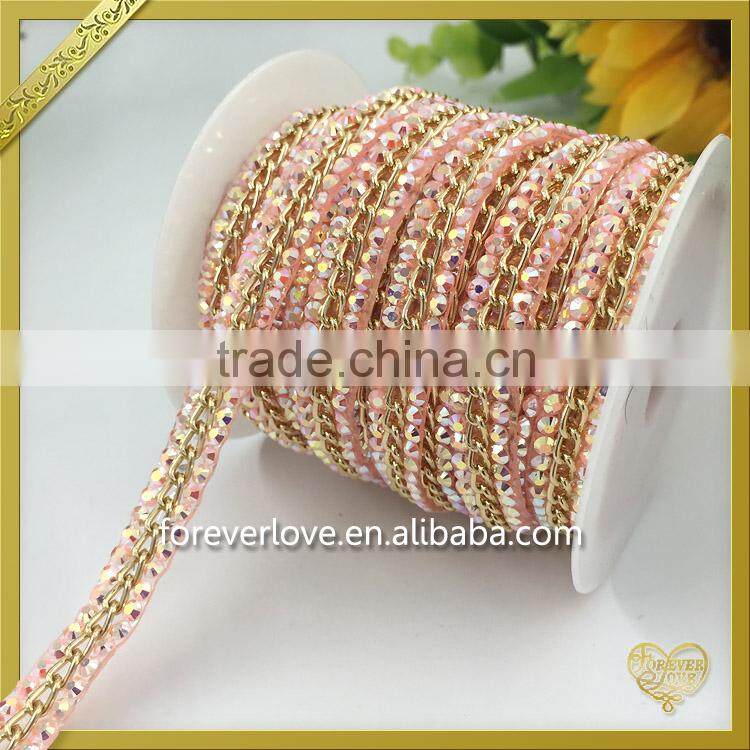 Pink rhinestone chains trimming hot fix glue crystal diamond wedding belts embellished for women FHRS-035