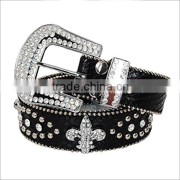 Fashion Rhinestone Crown Fleur De Lis Leather Belt