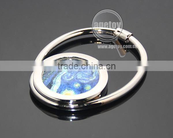 Round Shaped Starry Night Painting Portable Folding Alloy Purse Handbag Hook Metal Swivel Handbag Holder Shopping Bag Hanger