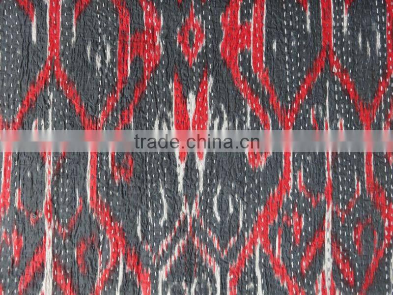 Ikat Kantha Handmade Quilt, Printed Cotton Designer Bedspread