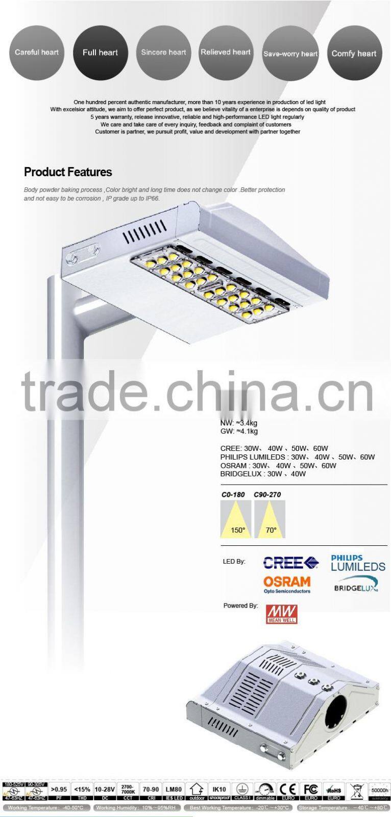 Modular Design, 100-140lm/W, Meanwell Driver, Lens Kit for Different Beam Angle, CE Rohs Approved 40W LED Street Light