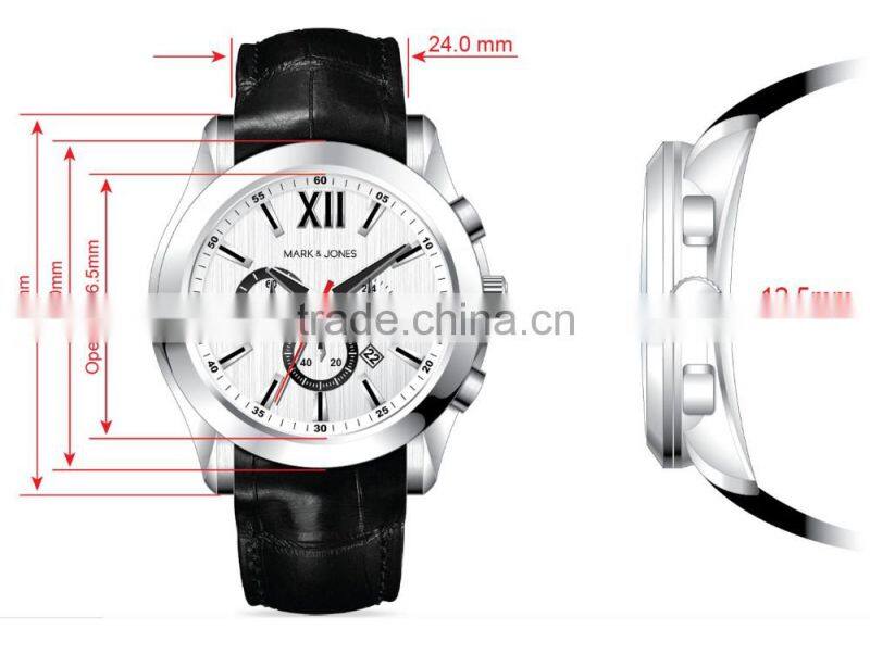 New design quartz luxury black Genuine leather chronograph watch with calendar