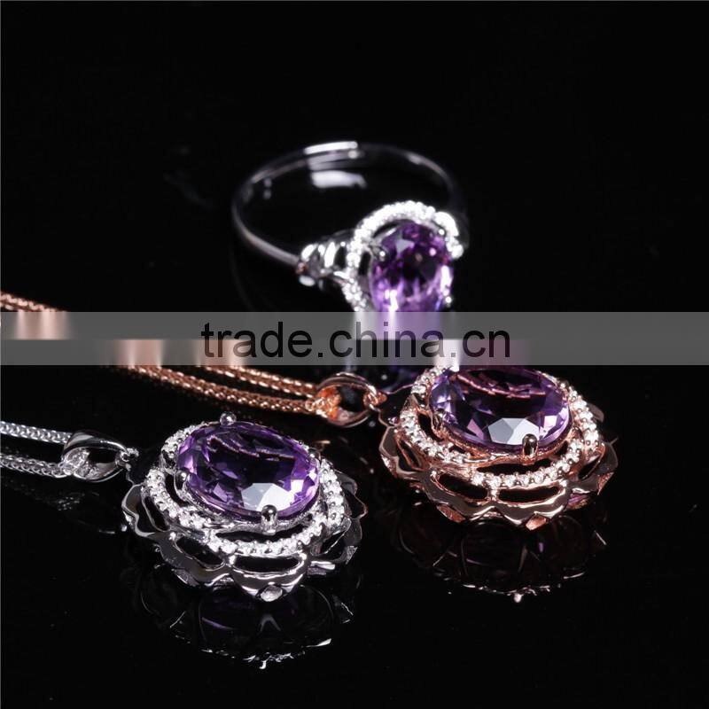 hot sale jewellery set 18K gold plated 925 sterling silver precious natural amethyst gemstone pendant ring jewelry set