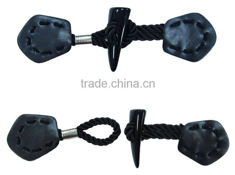 Black Leather Cotton Yarn Twist Cord Rhodium Metal Coat Leather Toggle Buttons