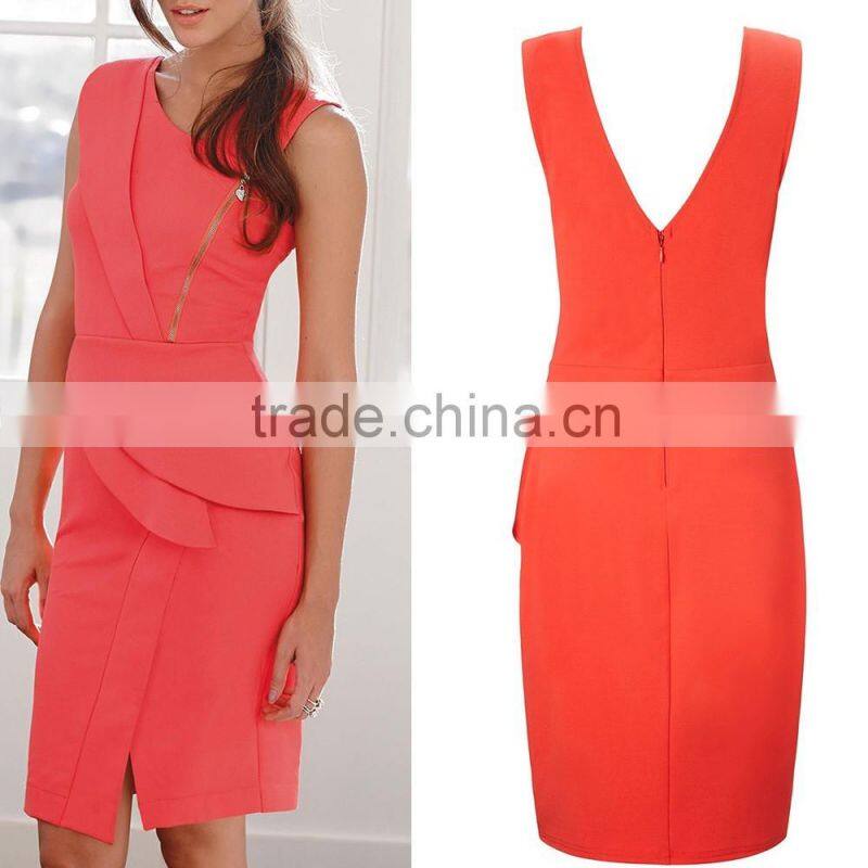 Women sleeveless Pleated V back Zip Shift peach pink Dress