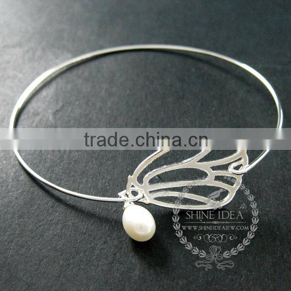 65mm diameter one end open 14K light gold,silver butterfly wing fresh water pearl charm wiring fashion bangle bracelet 6490056