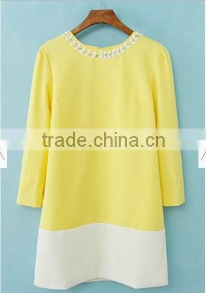 Beige Color Block Rhinestone Three Quarter Length Sleeve Dress