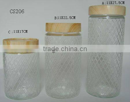 4 pcs clear cylinder diamond pattern glass jar wooden lid