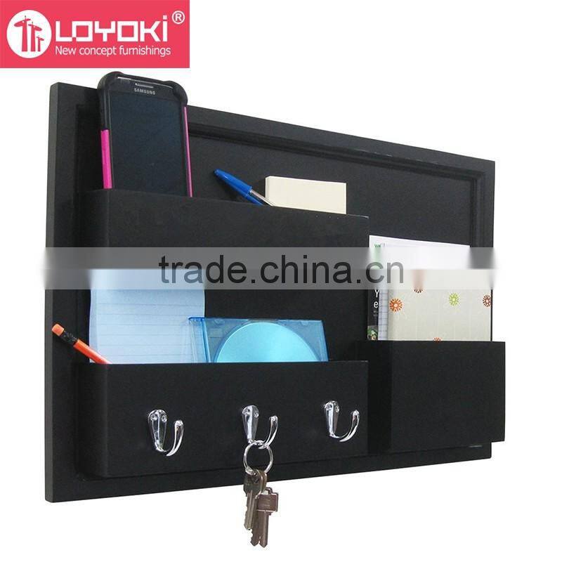 Home Decor Wood Wall Mounted Bulletin Board Entryway Chalk Board Mail Sorter Rack with Key Hooks and BlackBoard