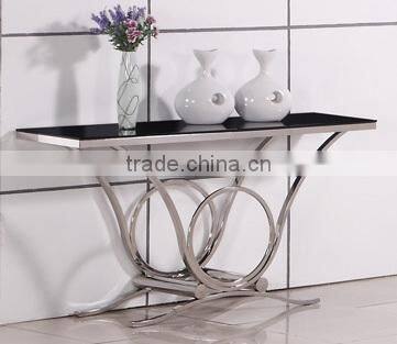 C8033 Antique black glass top console table with metal legs