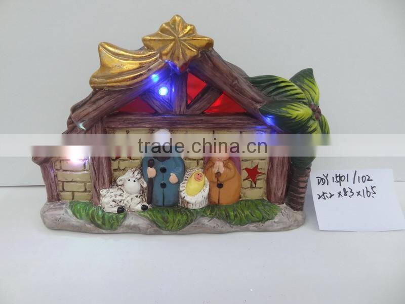 Antique ceramic nativity house scene figurines set with led lights