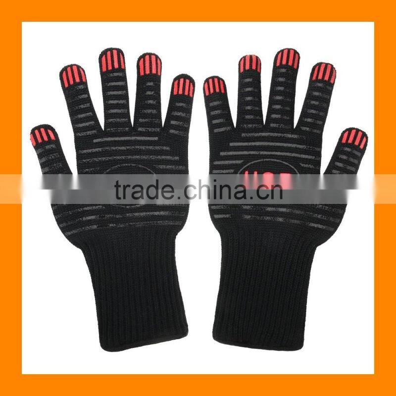 Best Price Aramid Machine Knit Hot Proof Gloves EN407 Heat Resistant Gloves with Silicone Printing Silicone Barbecue Gloves