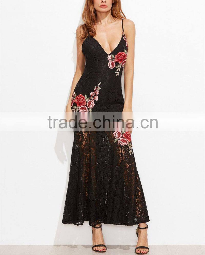 OEM Service Sexy Embroidered Rose Applique Overlay Fishtail Cami Dress Pictures Of Latest Long Gown