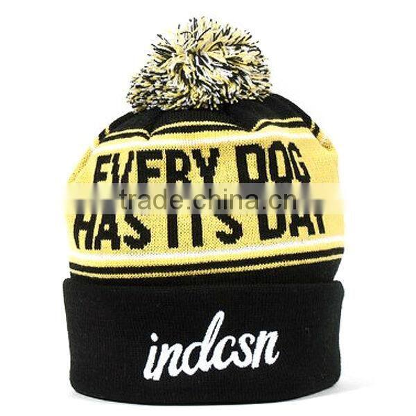 Jacquard kint beanie hat/pom pom beanie hats wholesale/cuffed knitted embroidered custom men's beanie hat