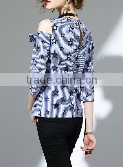 2017 summer newest fashion round neck cold shoulder blouse with stars pattern
