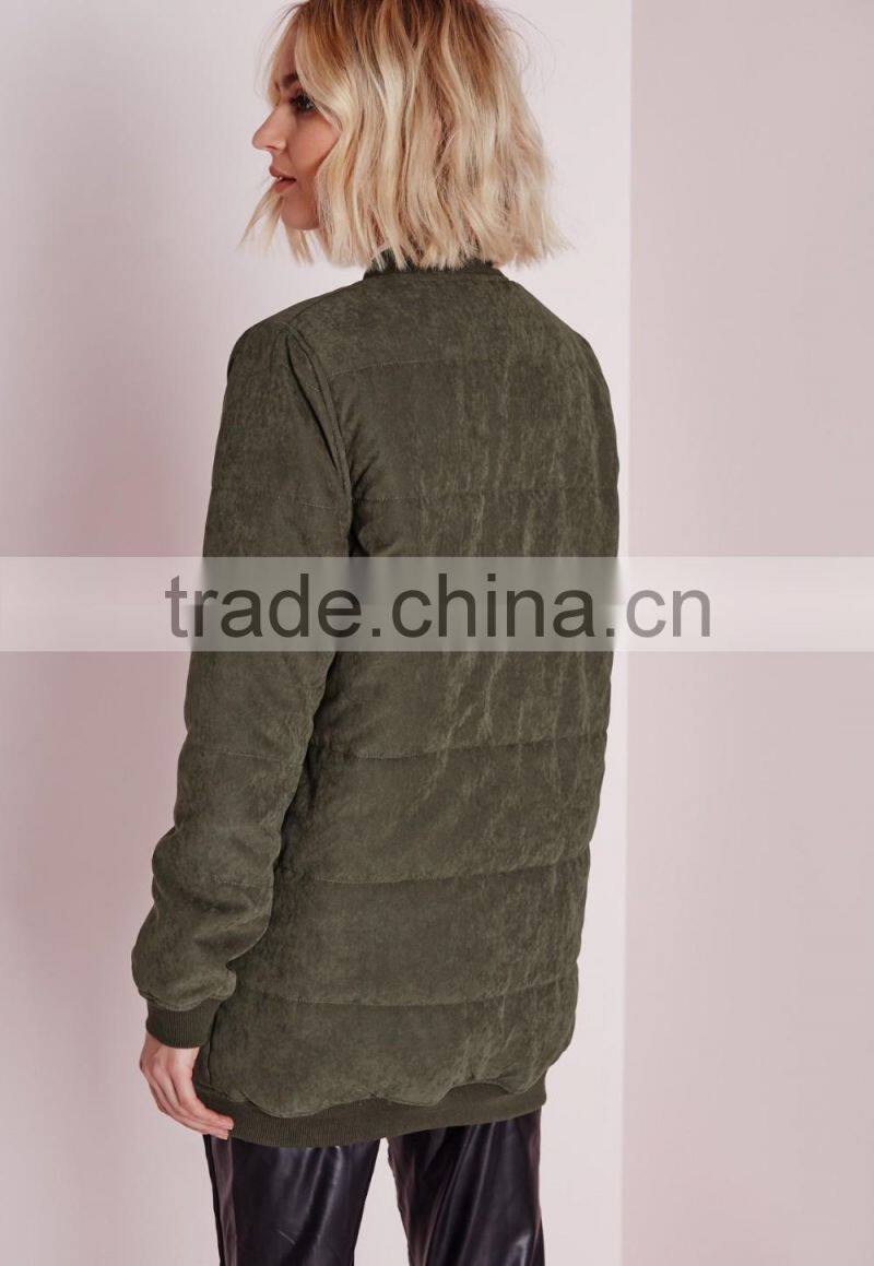 wholesale ribbed collar women winter longline khaki padded bomber jacket