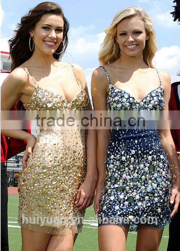 bling beaded knee length spaghetti strap v neck arabic prom dresses