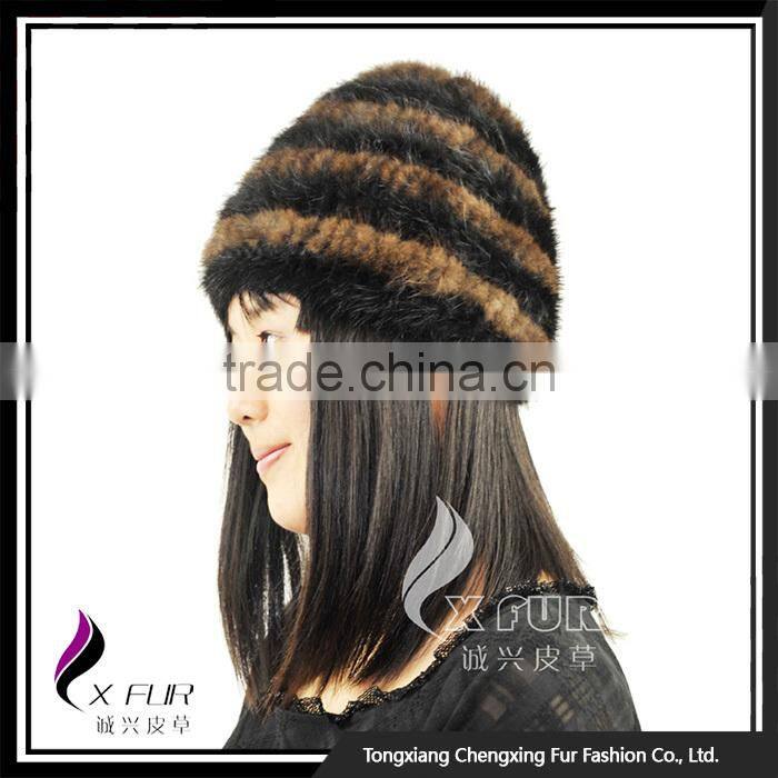 CX-C-36F Cheap Fur Hat Striped Knitted Women Mink Fur Hats