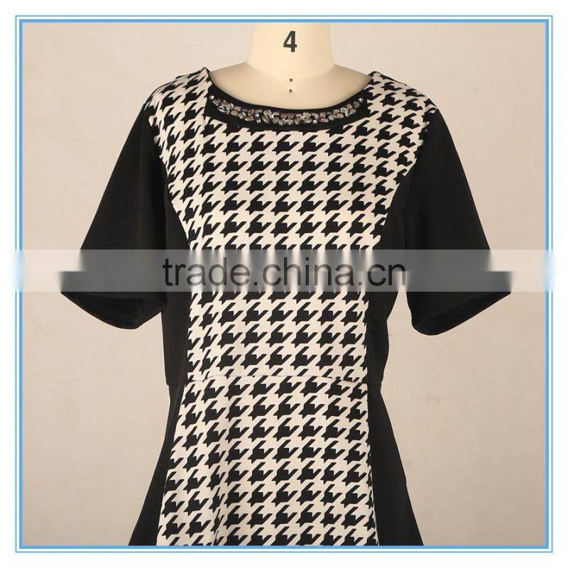 Houndstooth Patchwork Slim Waist Short Sleeve Latest Blouse Design 2016 For Women