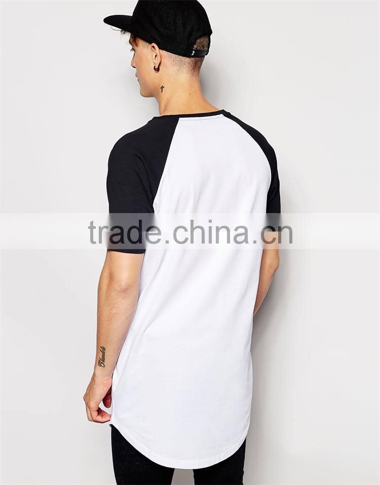 2015 Mens longline t shirt 100% cotton contrast raglan short sleeve super longline t shirt men