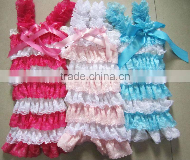 Hot sale ! Fashionable Girls Boutique Children Summer Lace Romper with Straps and Bow for Infant ,Toddler
