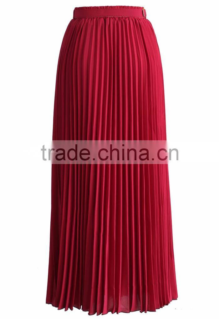 New arrival belted pleated skirt women fashion chiffon maxi skirt 2016