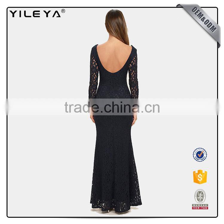 Guangzhou factory offer long sleeve sexy black elegant women's crochet lace dress 2017 designs ,women lace long evening dress