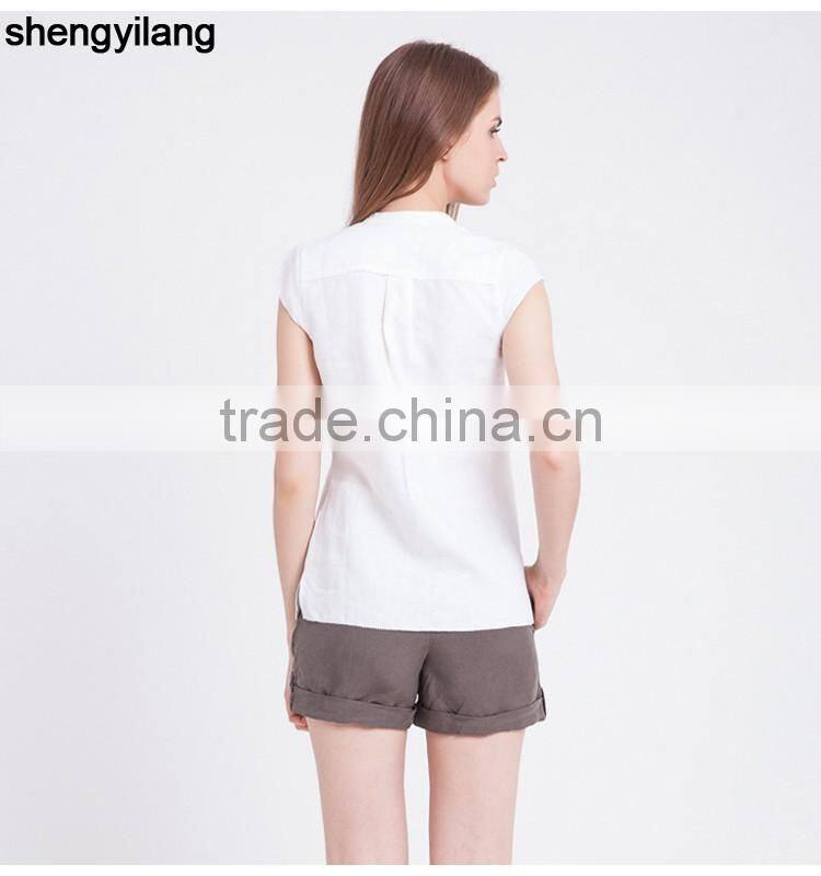 High quality blouse 100% linen shirts for women wholesale short-sleeved linen shirt in guangzhou
