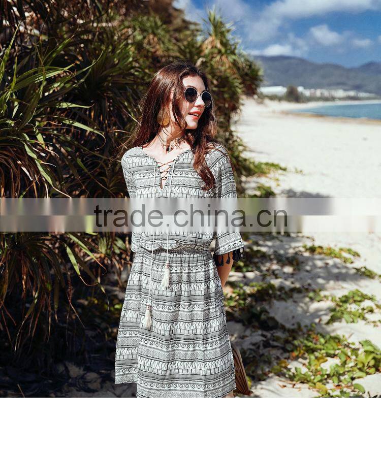 Summer dress for women new national style printing dresses with ropes short sleeve V-neck elegant beach dresses