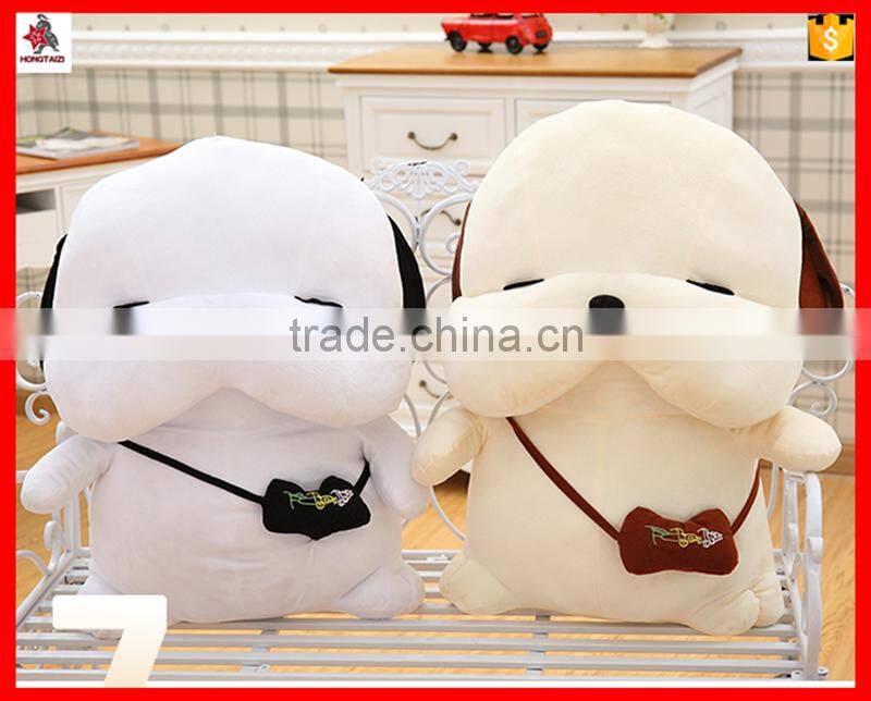 Factory custom white plush dog toy wearing small bag