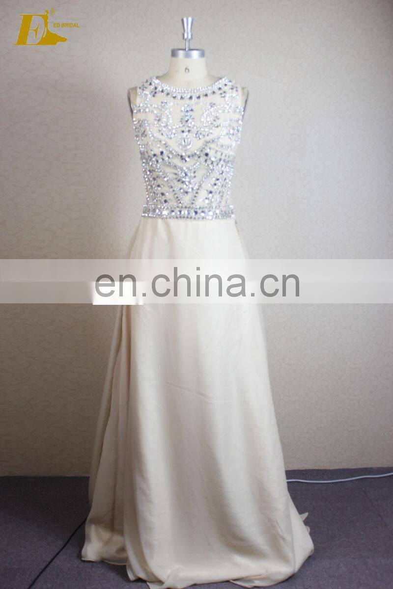 Hot Sale Scoop Neckline See Through Back Chiffon Crystal Embellishments Patterns Long Prom Dress