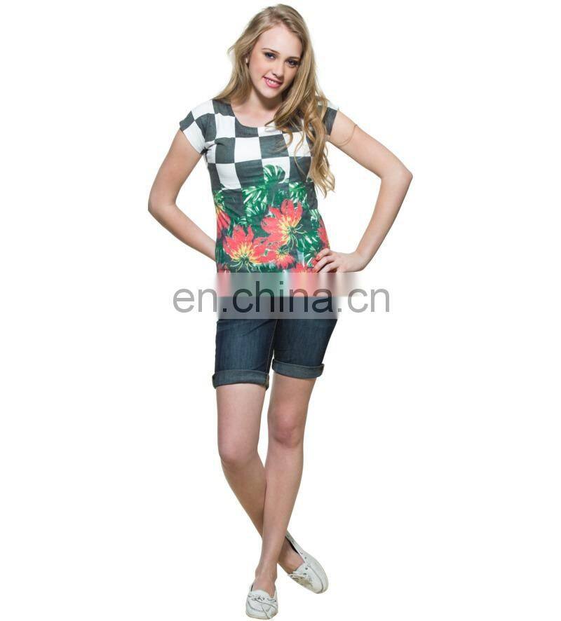 2015 Factory direct price wholesale Ploycotton Chess Board With Retro Flower Print T-shirt