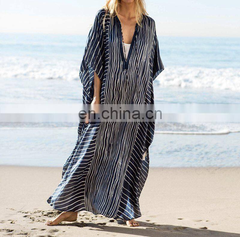 2019 Dark Blue Striped Deep V-Neck Bats Sleeve Loose Summer Dress Beach Kaftan Plus Size Women Beachwear Maxi Dress Sarong