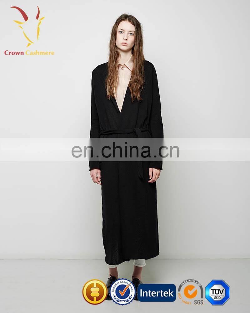Ladies Long Coat Style Cashmere Cardigan with Belt Women