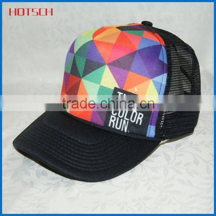 printed black 6 panel trucker cap