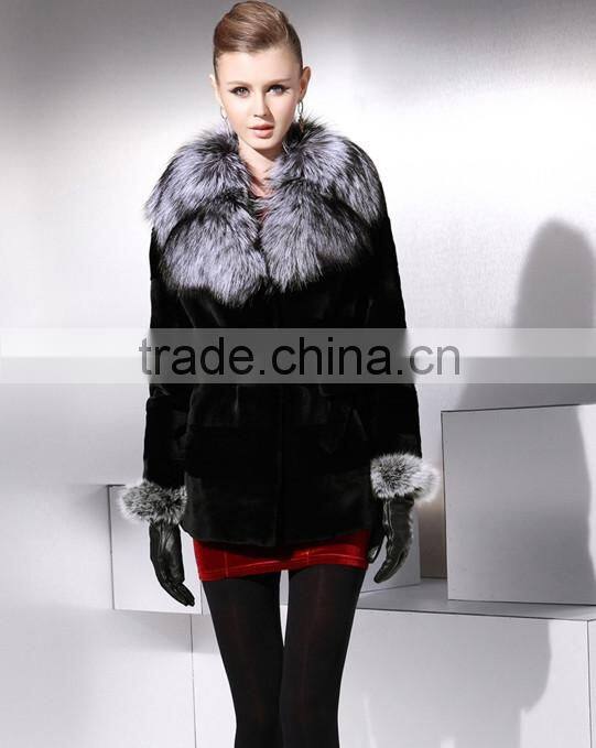 rex14049 rex rabbit fur coat with fox fur collar and cuffs black