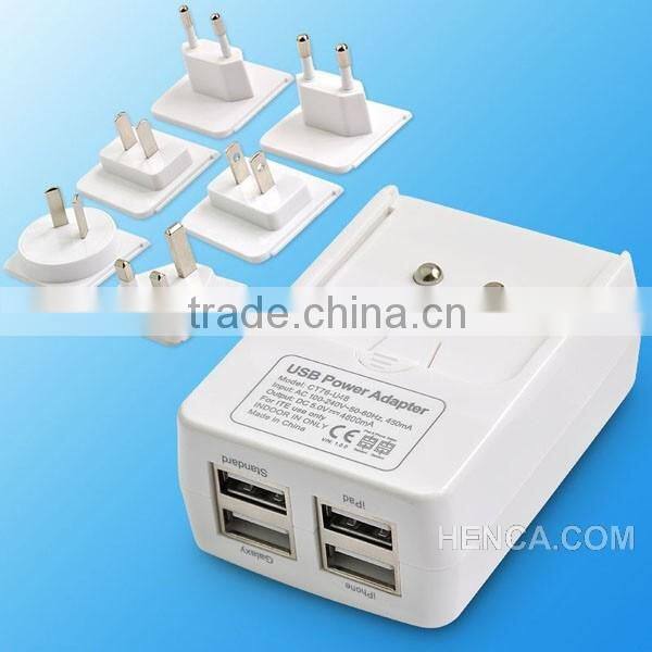 HOT,whole set ! 5V 4.8A ,4 usb power mobile changeable plug travel charger travel charger set