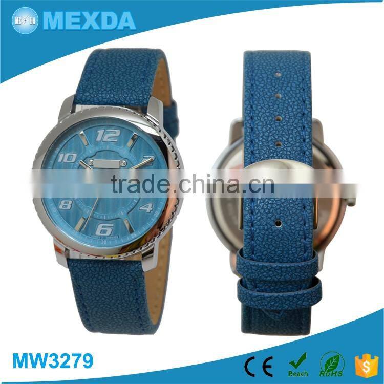 high quality leather band blue strap case stainless steel wristwatch