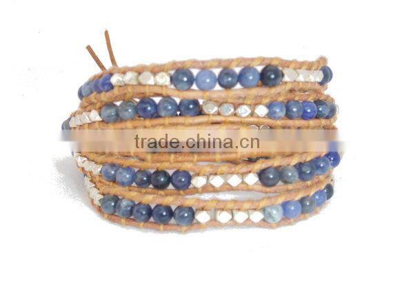 Blue Lapis Wrap Bracelet on Natural brown Leather with Silver tone nugget beads