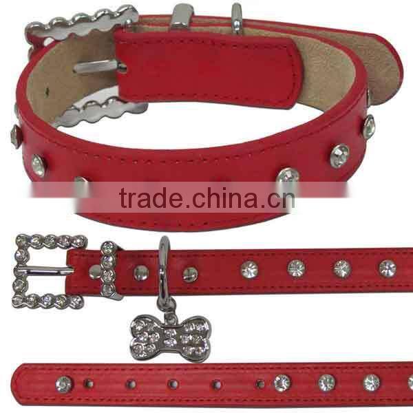 Green Rhinestone Buckle Leather Dog Collars Wholesale