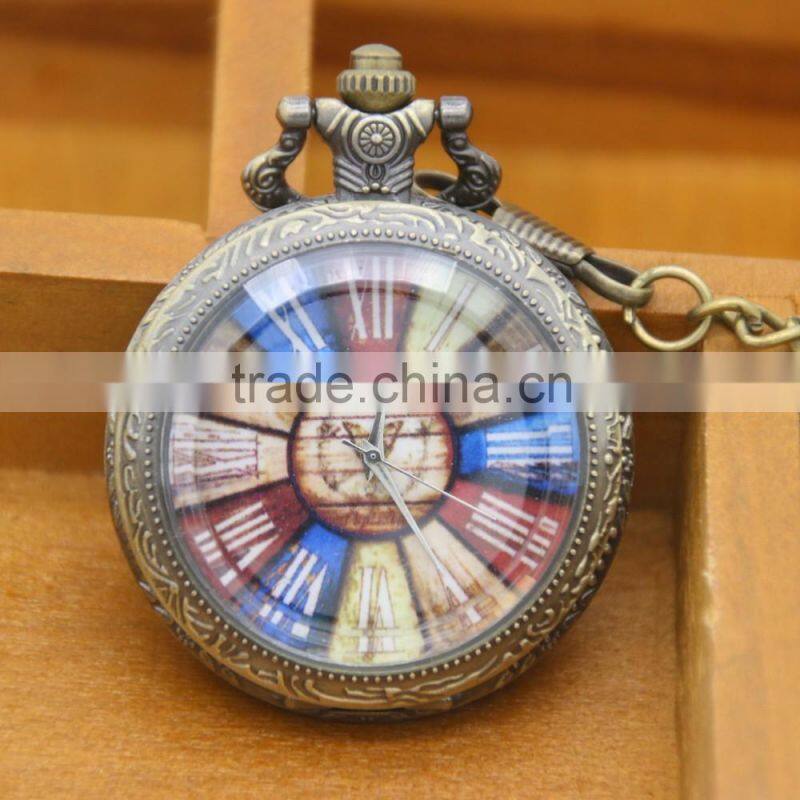 Retro Blue Roman Number Dial Glass Window Pocket Watch