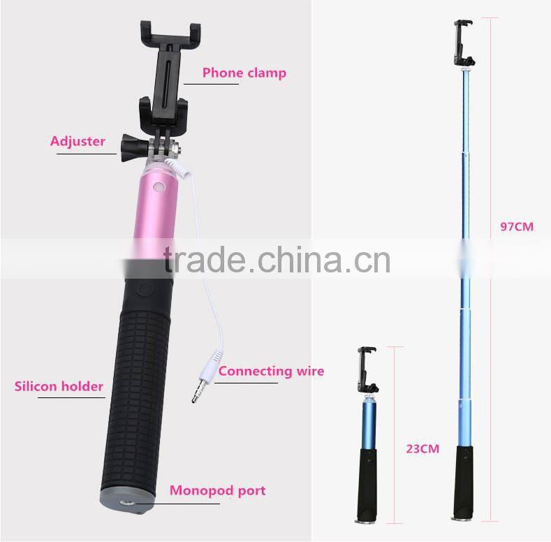 New arrival! Steel wired adjustable selfie stick roller stick monopod selfie stick for phone and camera