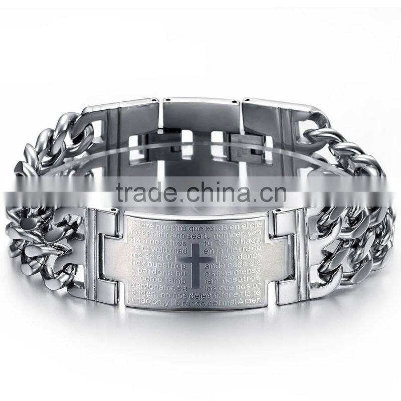 Fashion stainless steel religous jewelry silver jesus cross charm bracelet