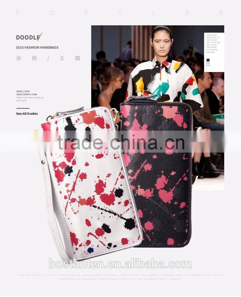 zipper nice painting evening clutch women wallet leather with hand strap